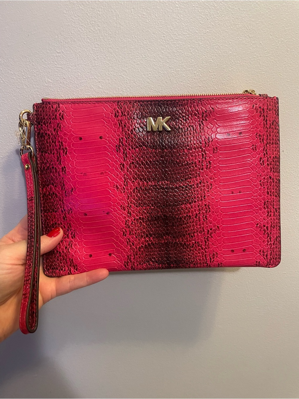 Michael Kors Hot Pink Snake-Print Wristlet Clutch with Gold Hardware